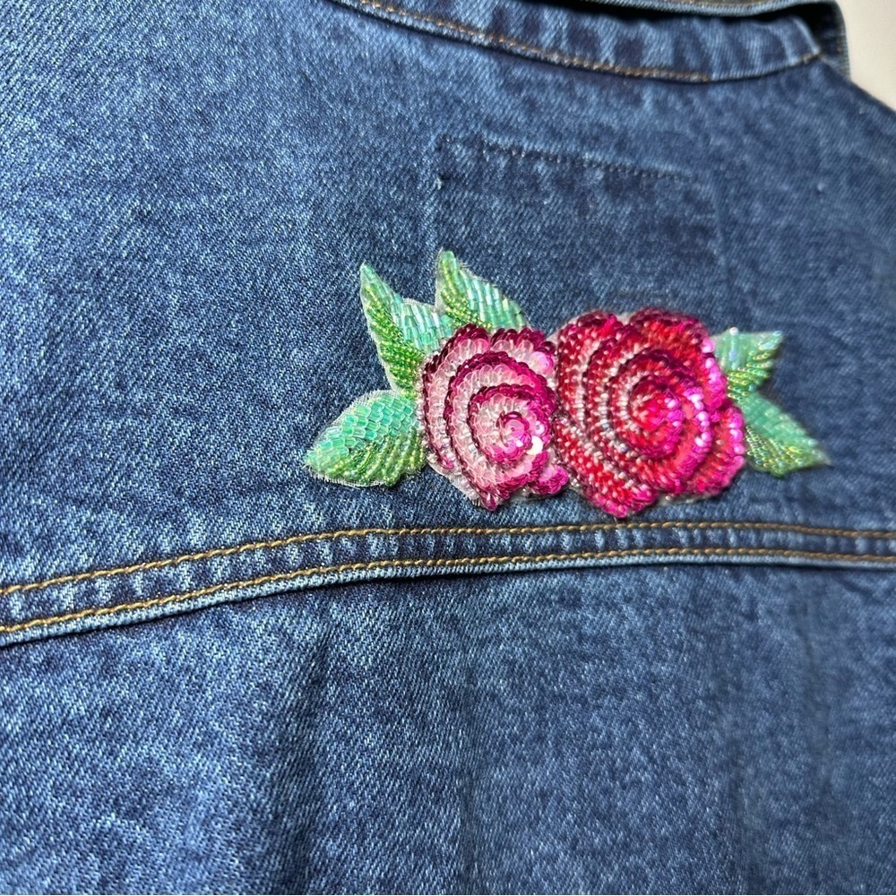Vintage East West 80s 90s Sequin Floral Embellished Cotton Denim Jacket Sz L - Picture 9 of 10
